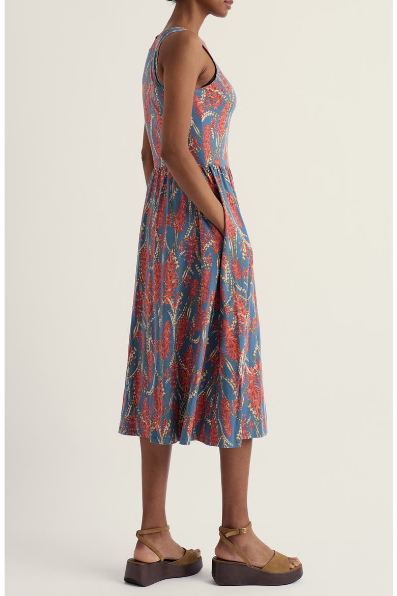 Porthmeor Wave Floral Stretch Organic Cotton Jersey Midi Dress, Alternate, color, RED HOT POKER DUSK