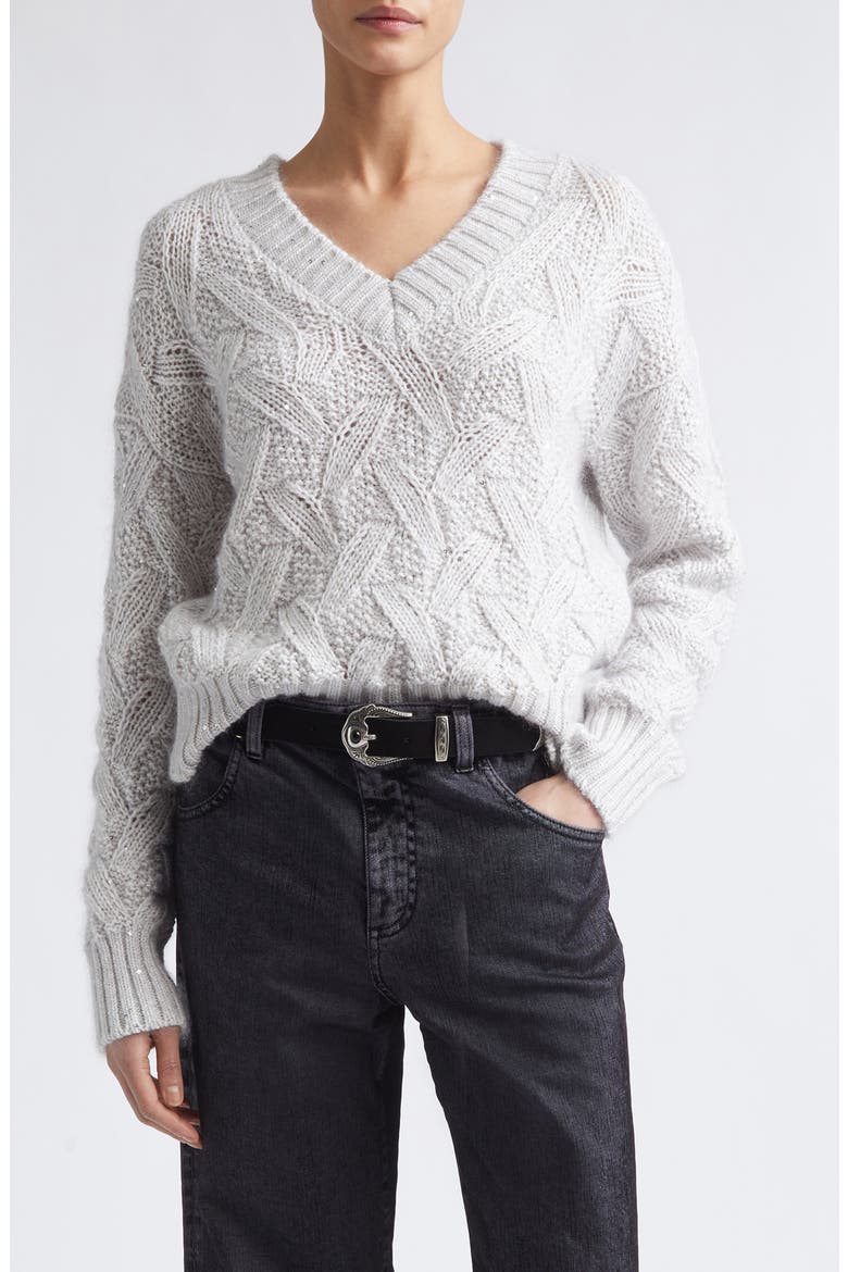 Cable Knit V-Neck Sweater, Main, color, 75 PEARL GRAY