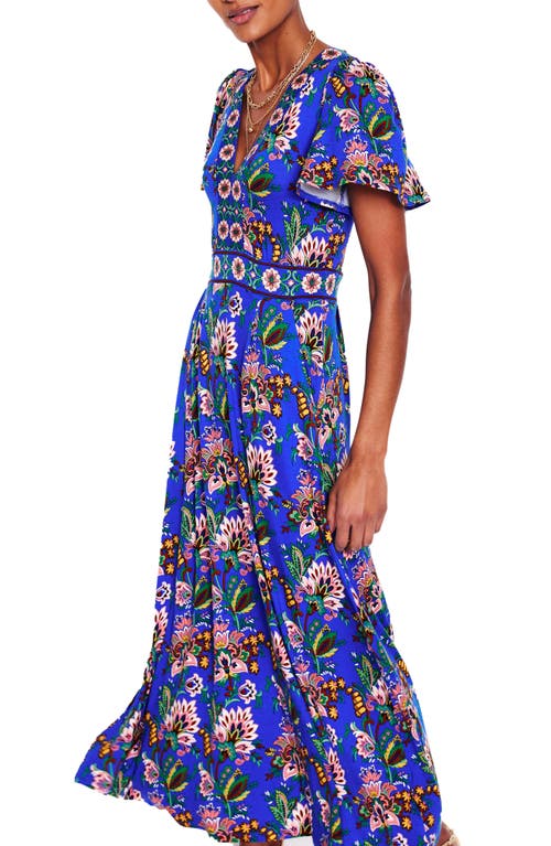 Boden Ellie Floral Print Flutter Sleeve Dress In Blue Multi