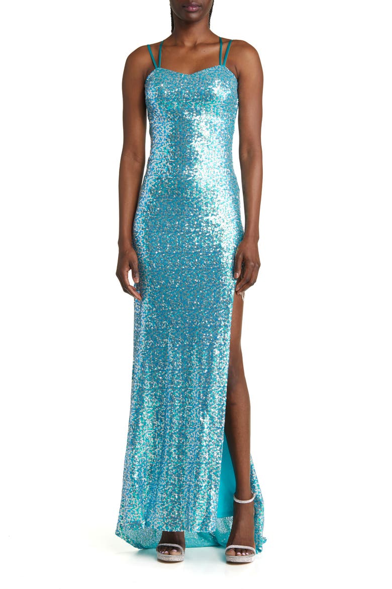 Strappy Fringe Trim Sequin Gown, Main, color, TURQ/ SILVER