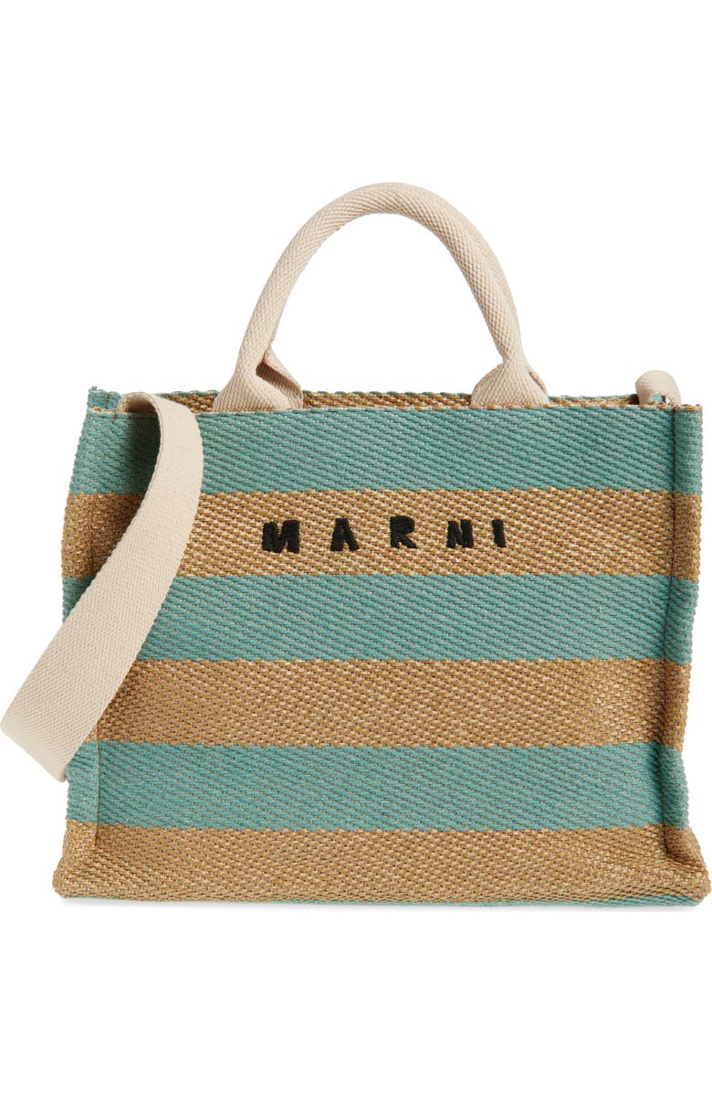 Marni Small Logo Stripe Woven Tote, Main, color, Teal/ Blue