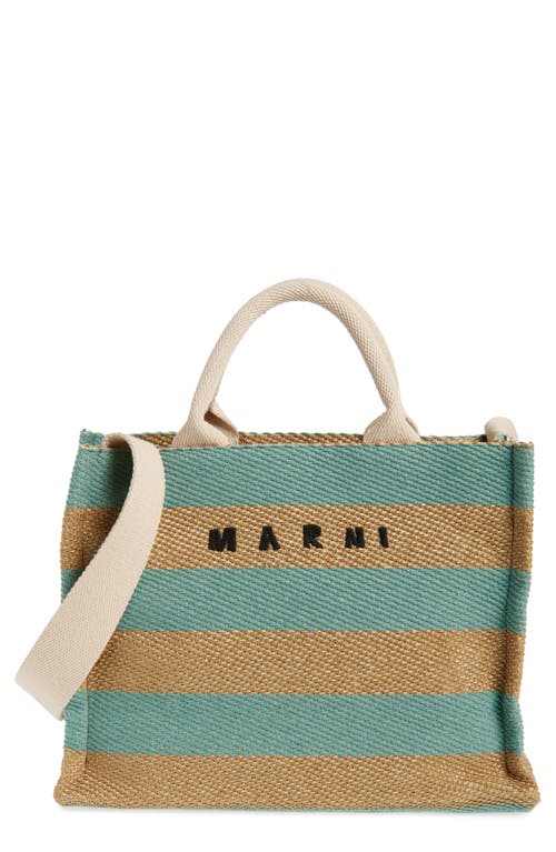 Marni Small Logo Stripe Woven Tote In Teal/blue