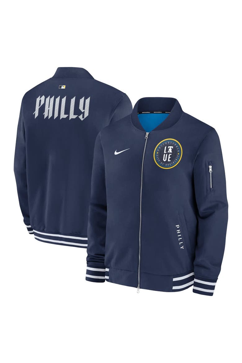 Men's Nike  Navy Philadelphia Phillies Authentic Collection City Connect Full-Zip Bomber Jacket, Main, color, Navy