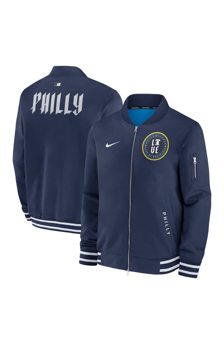 Nike Men's Nike Navy Philadelphia Phillies Authentic Collection City Connect Full-Zip Bomber Jacket, Main, color, Navy