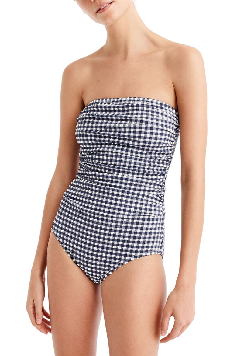 Gingham Strapless One-Piece Swimsuit, Main, color, NAVY IVORY