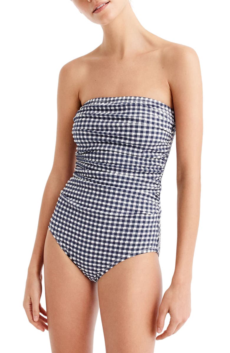 J.Crew Gingham Strapless One-Piece Swimsuit, Main, color, 
