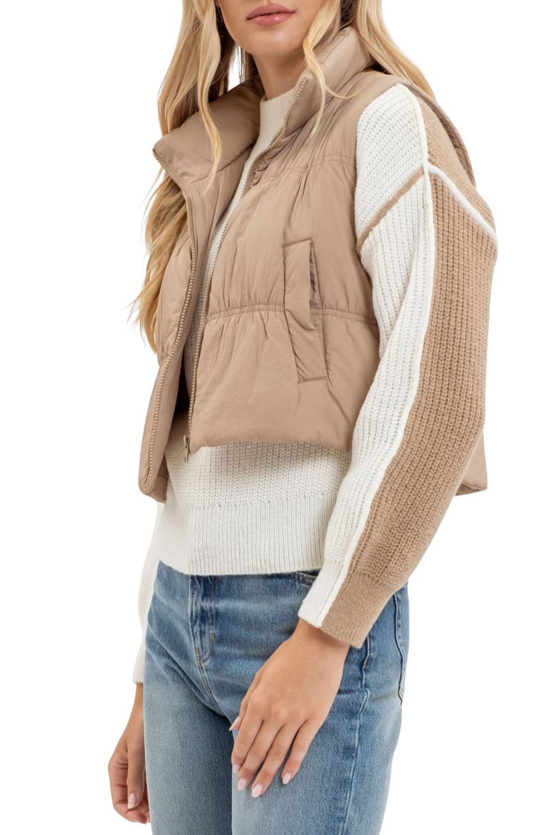 Collared Water Repellent Cropped Puffer Vest, Alternate, color, MOCHA