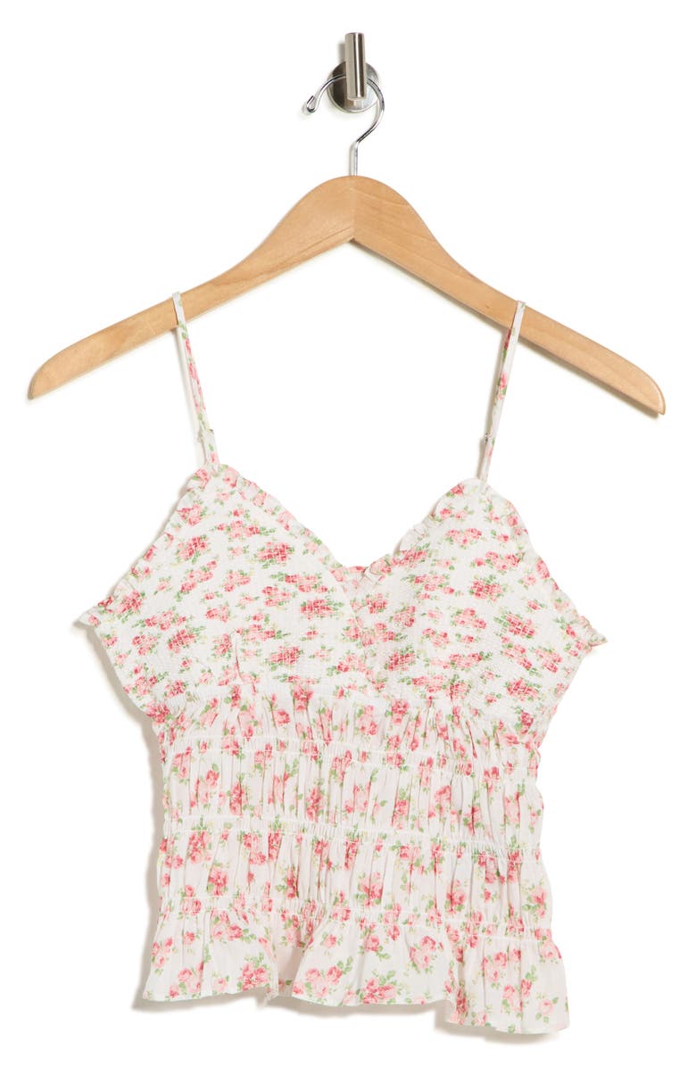 Madden Girl Floral Smocked Cotton Camisole, Main, color, White Combo