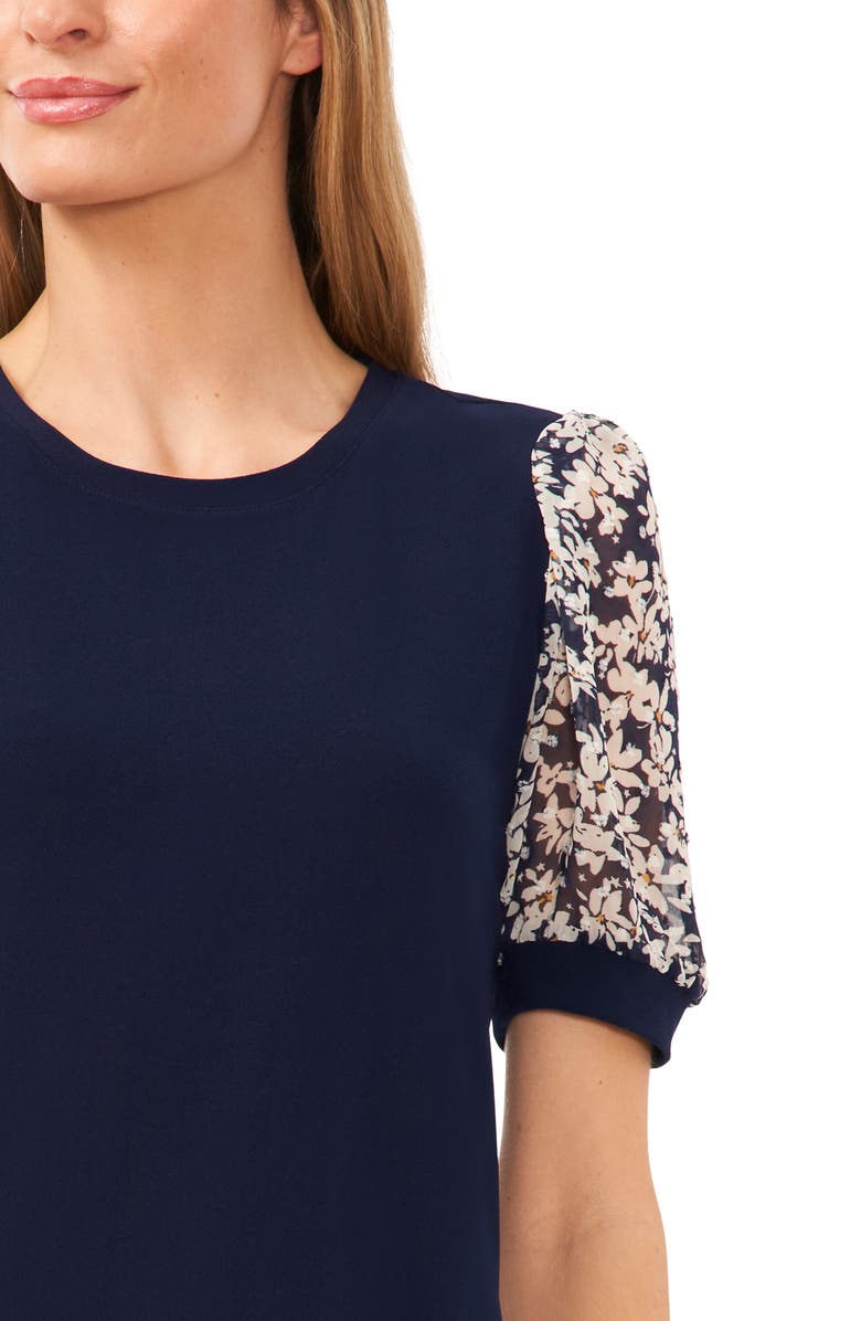 CeCe Daisy Puff Sleeve Mix Media Top, Alternate, color, Navy Blue Jay
