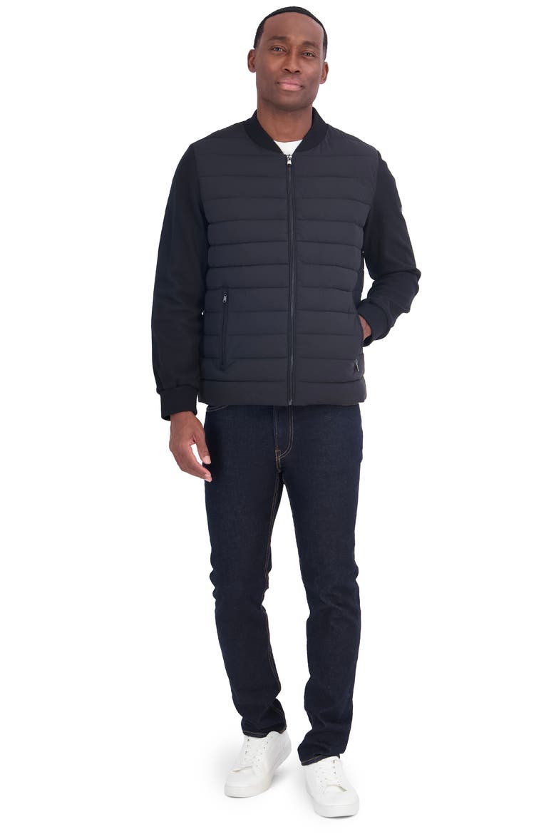 Mixed Media Water Resistant Bomber Jacket, Alternate, color, BLACK