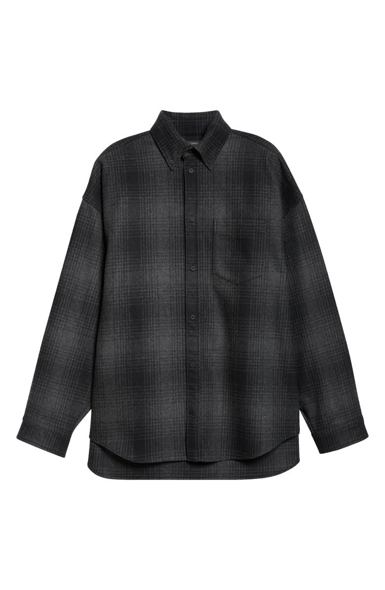 Balenciaga Oversize Plaid Wool Blend Flannel Button-Down Shirt, Alternate, color, 1262 Grey/ Black