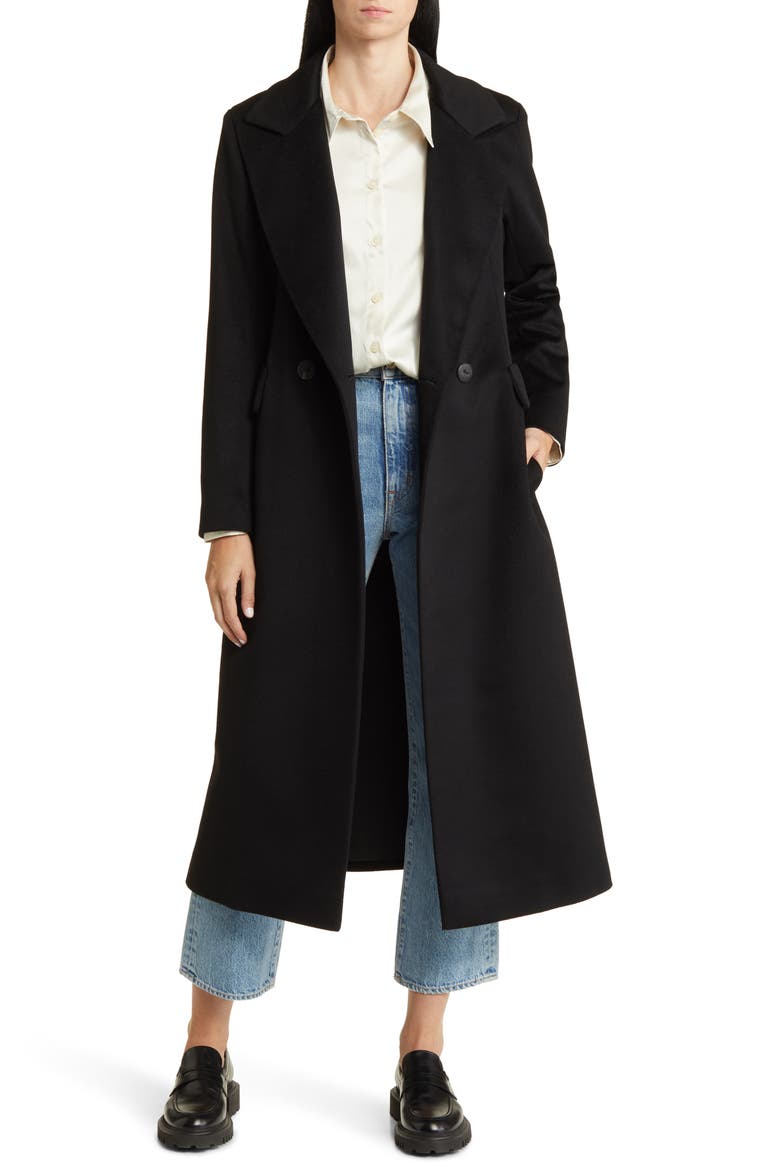 Leo Double Breasted Longline Cashmere Coat, Alternate, color, BLACK