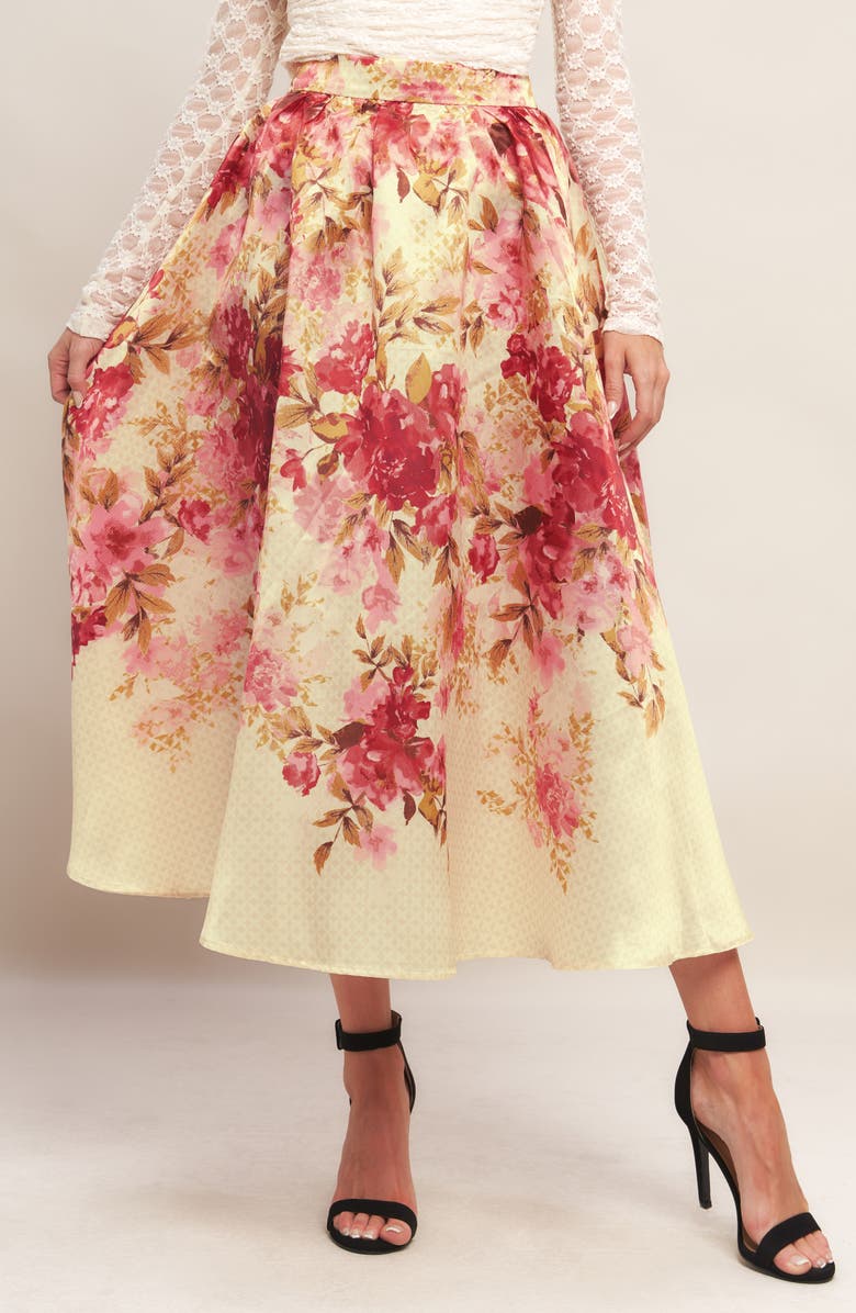 FLYING TOMATO Floral Full Midi Skirt, Alternate, color, Ivory/ Pink