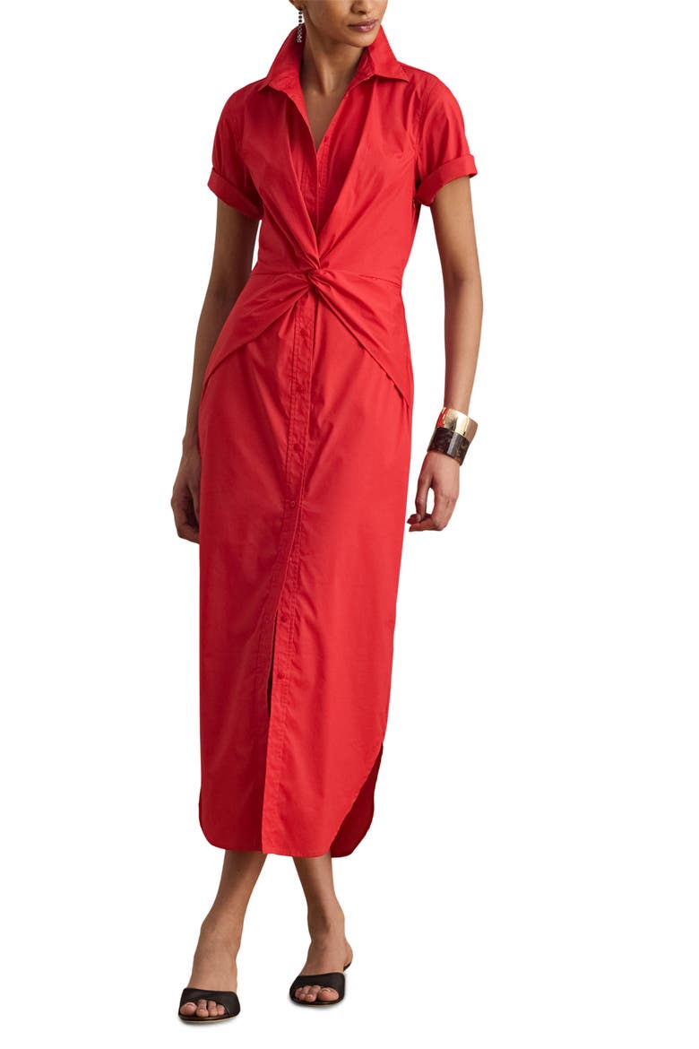 cotton blend shirt dress Diana Cotton Blend Stripe Cross Embroidered Midaxi Shirt Dress