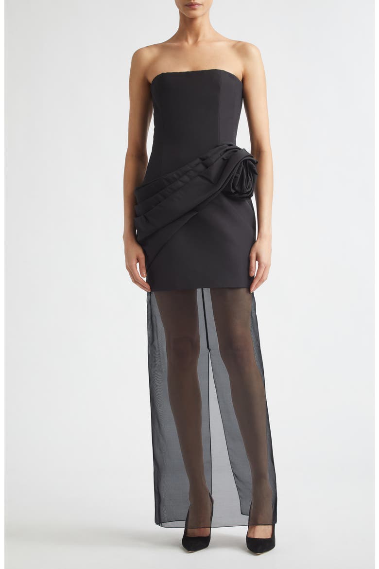 Draped Strapless Silk Faille & Organza Gown, Main, color, BLACK