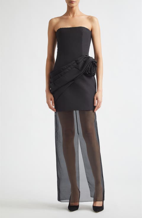 Draped Strapless Silk Faille & Organza Gown