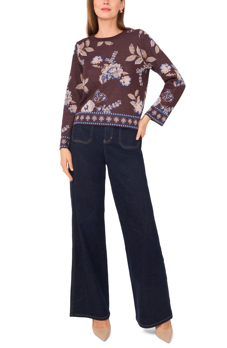 Vince Camuto Floral Jacquard Sweater, Alternate, color, Dark Chocolate