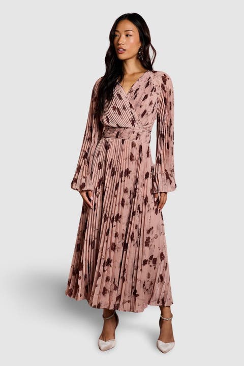 Long Sleeve Chiffon Wrap Midi Dress