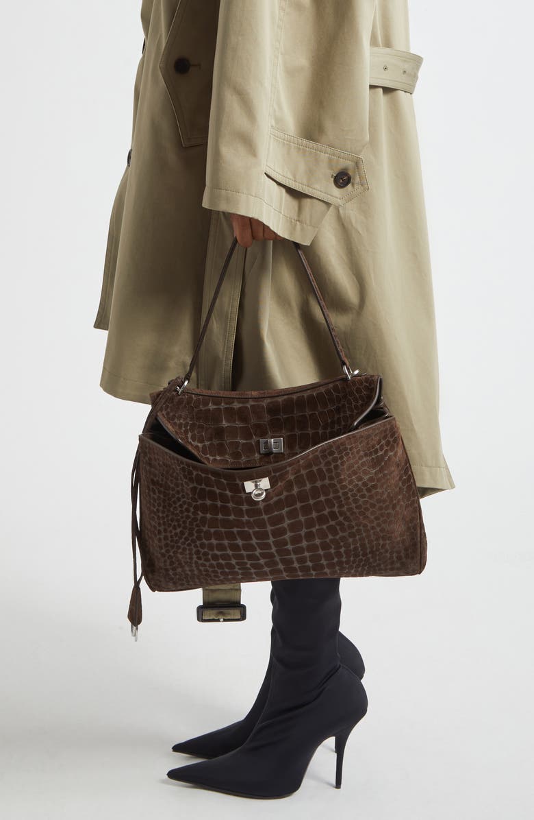 Balenciaga Medium Rodeo Croc Embossed Suede Top Handle Bag, Alternate, color,