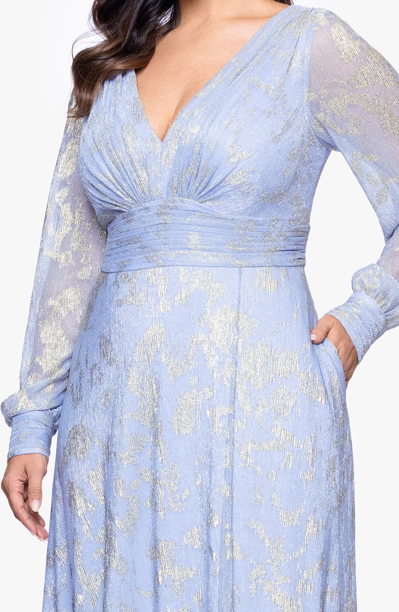 Betsy & Adam Metallic Jacquard Long Sleeve Gown, Alternate, color, Peri/ Gold