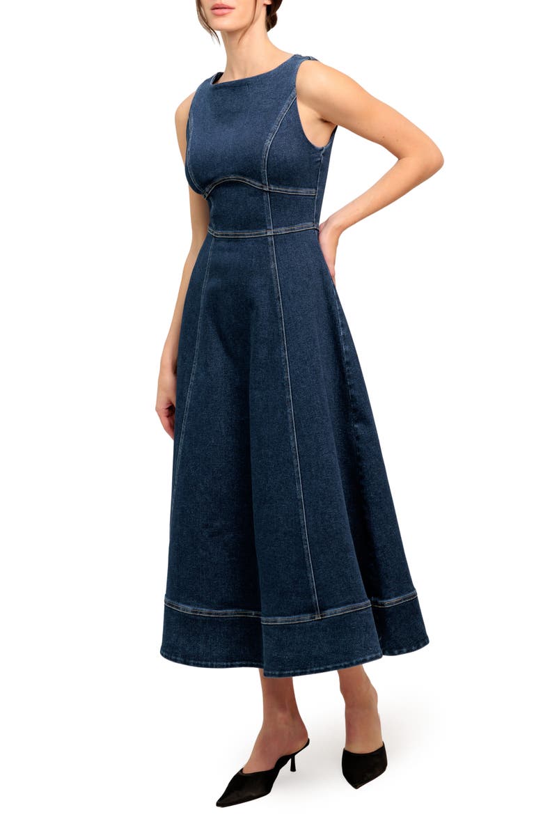 FLYING TOMATO Sleeveless Stretch Denim Midi Dress, Alternate, color, Medium Indigo