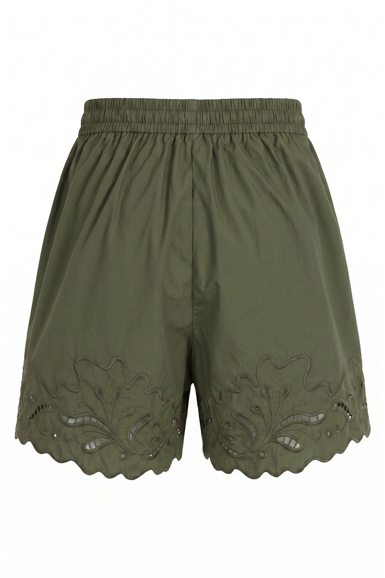 Eyelet Embroidered Shorts with Drawstring Waist and Scalloped Hems, Alternate, color, Green