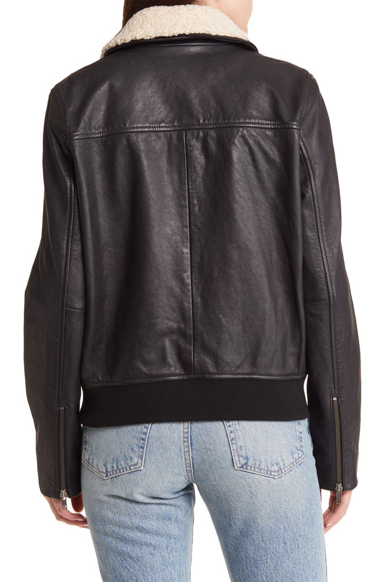 Leather Bomber Jacket with Removable Faux Shearling Trim, Alternate, color, BLACK