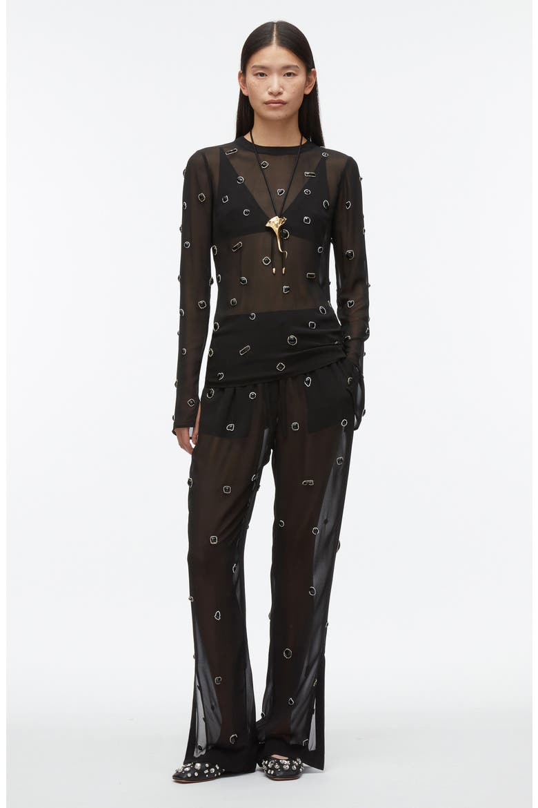 Embellished Silk Chiffon Long Sleeve Top, Alternate, color, BLACK