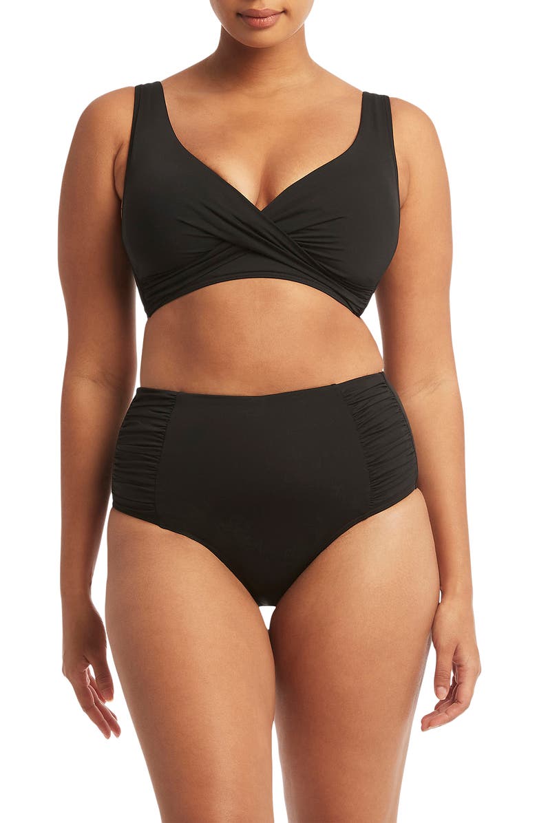Sea Level High Waist Gathered Side Swim Bottoms, Alternate, color, Black