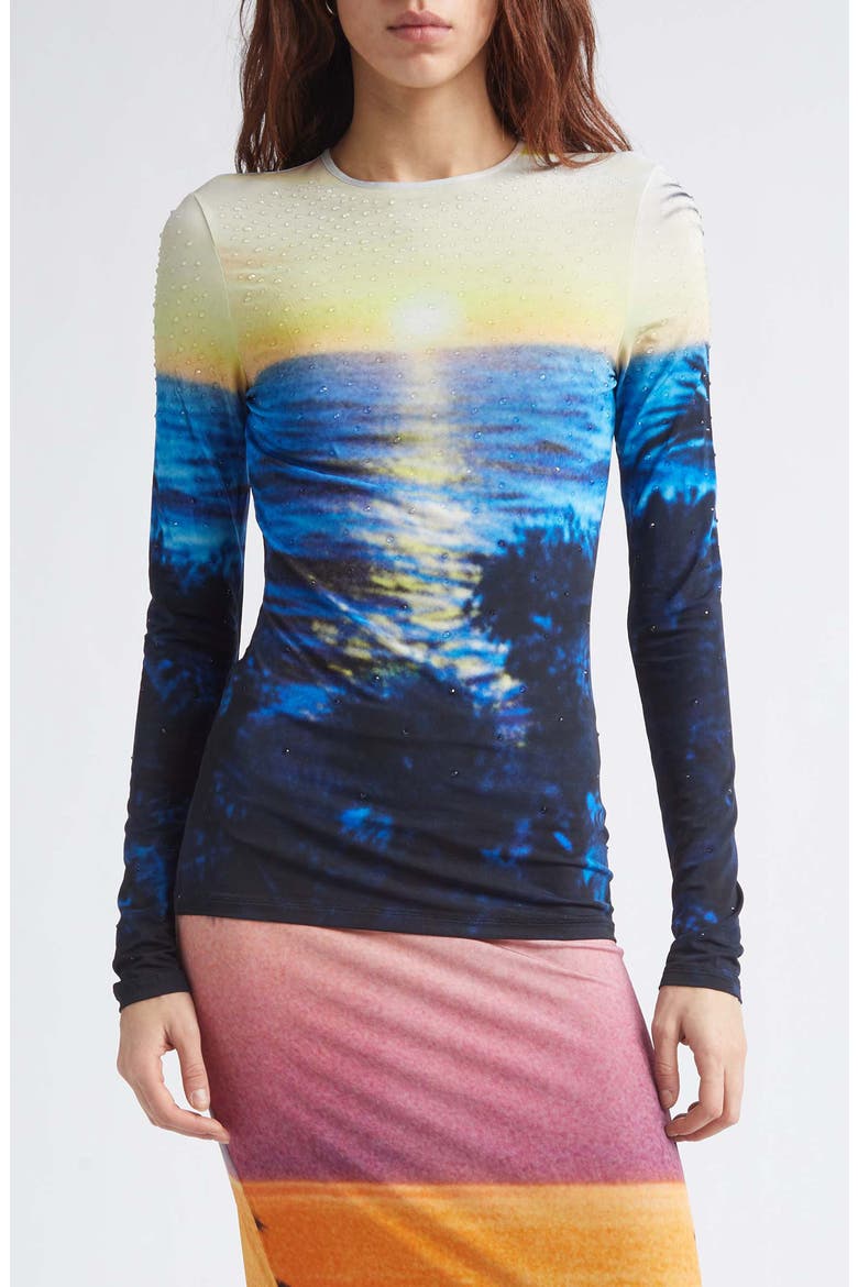 Crystal Embellished Tropical Print Jersey Top, Main, color, BIG TORNADO BLUE/ YELLOW