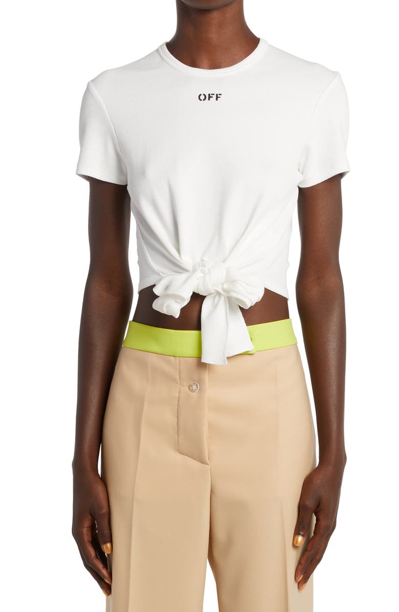 Off-White Off Stamp Ribbed Tie Front T-Shirt, Main, color,