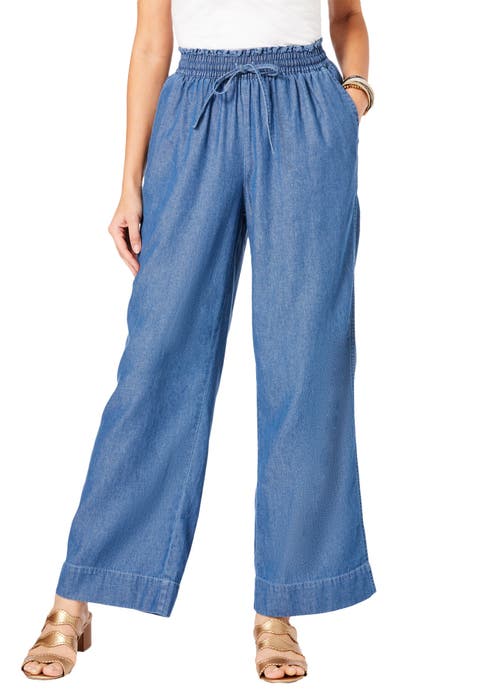Plus Size Pull On Wide Leg Chambray Pant