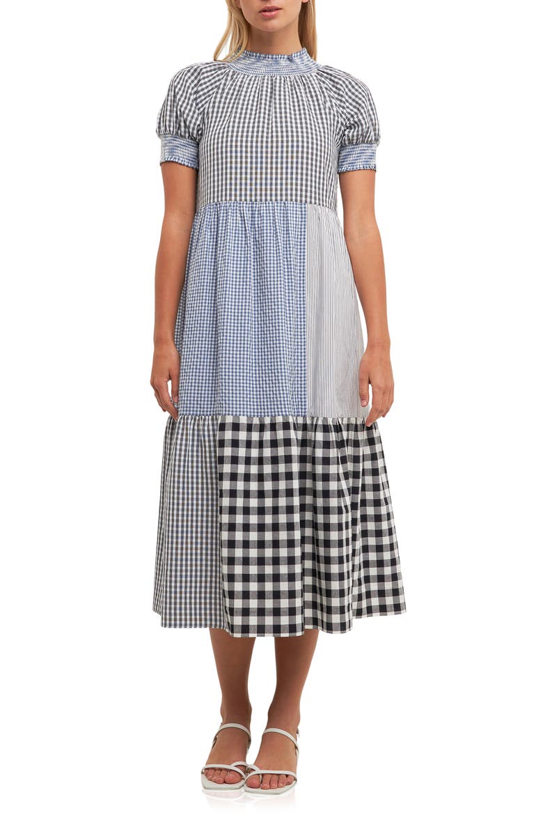 Patchwork Gingham Midi Dress, Main, color, BLACK MULTI