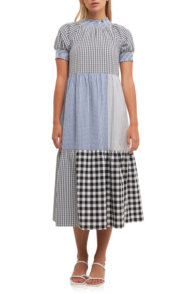 English Factory Patchwork Gingham Midi Dress, Main, color, Black Multi