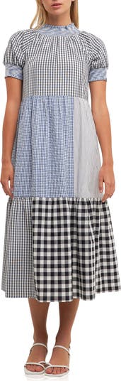 English Factory Patchwork Gingham Midi Dress | Nordstrom