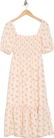 Smocked Puff Sleeve Midi Dress