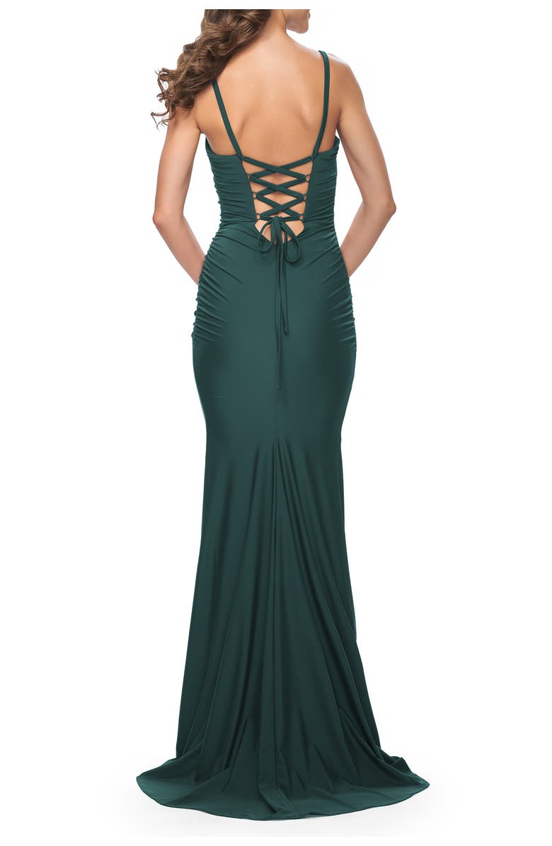 La Femme Simple Ruched Jersey Dress with Lace Up Back, Alternate, color, Emerald