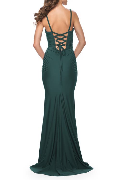 La Femme Simple Ruched Jersey Dress With Lace Up Back In Emerald