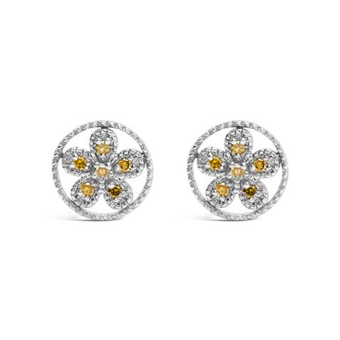 Silver Yellow Diamond Accent Star and Wheel Milgrain Style Stud Earrings
