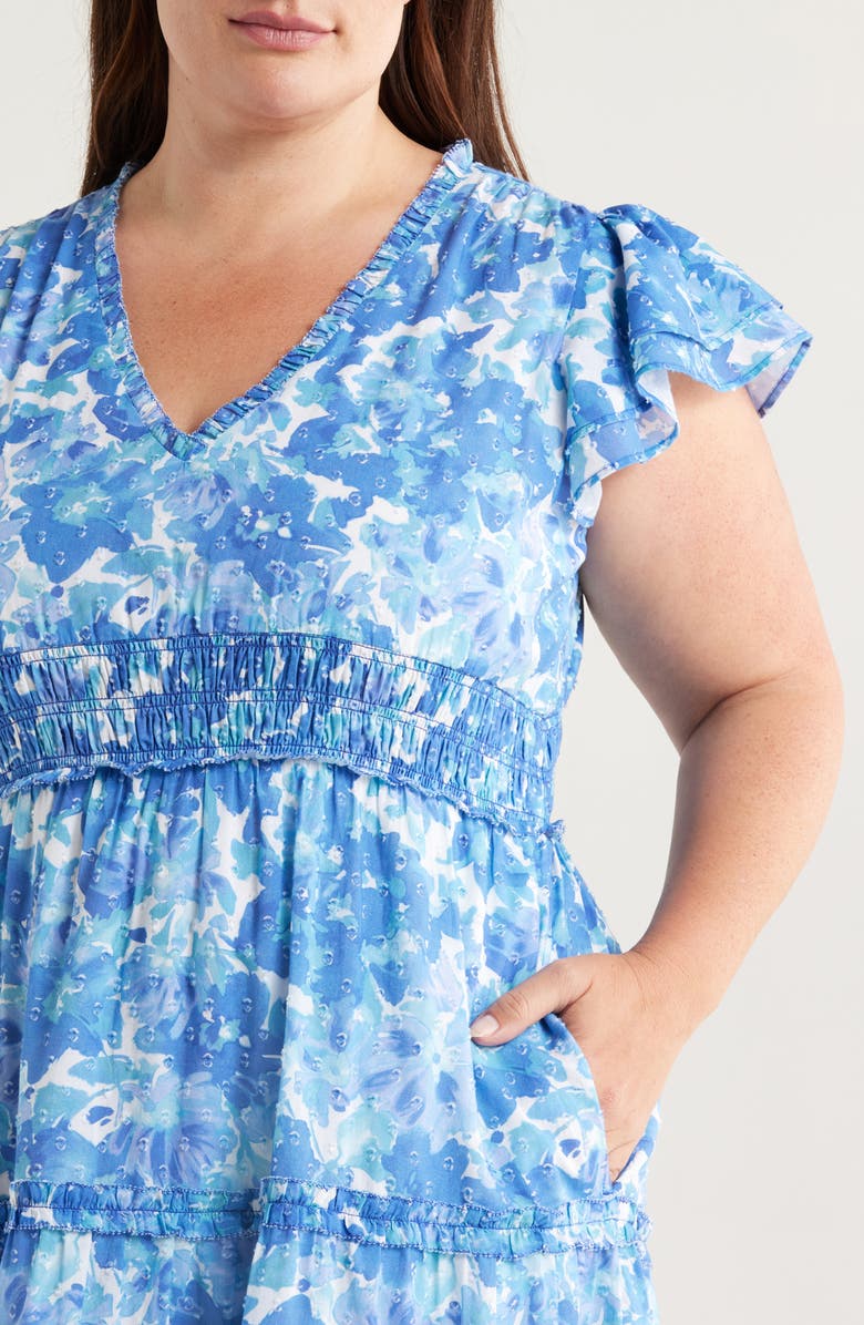 Chelsea28 Flutter Sleeve Clip Dot Tiered Midi Dress, Alternate, color, Blue- Tiana Floral