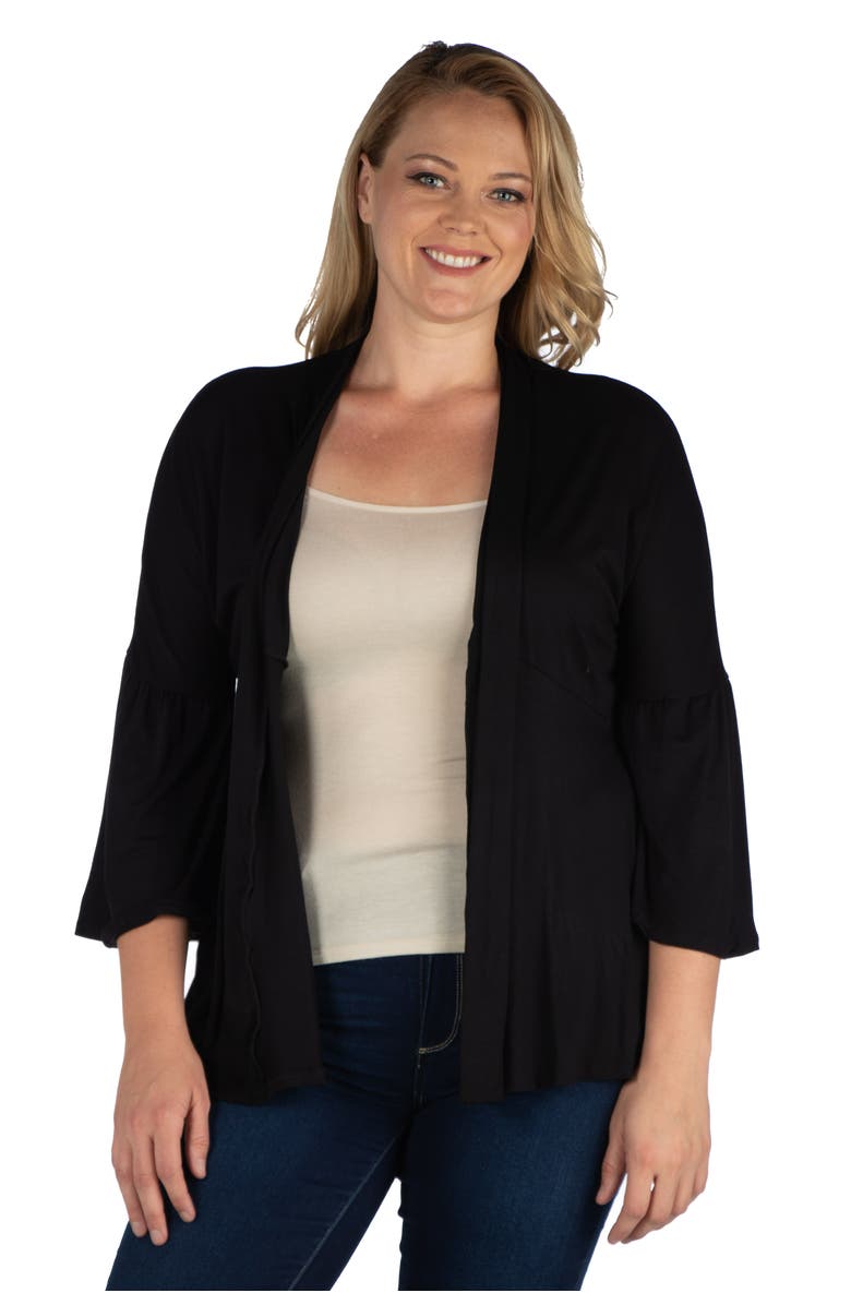 24seven Comfort Apparel Plus Size Bell Sleeve Flared Open Front Cardigan, Main, color, Black