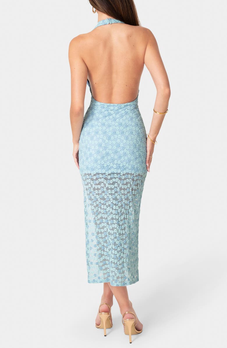 bebe Daisy Lace Body-Con Halter Dress, Alternate, color, Blue