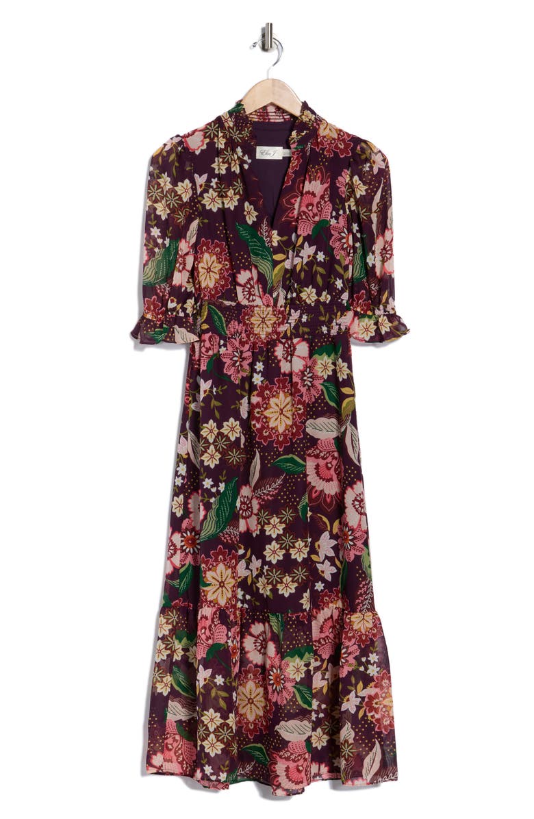 Eliza J Floral Ruffle Elbow Sleeve Midi Dress, Alternate, color, Aubergine