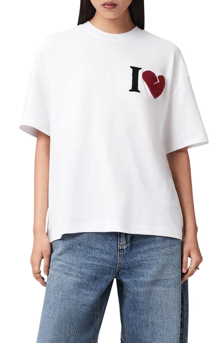 AllSaints Heart Etta Appliqué T-Shirt, Main, color, Optic White