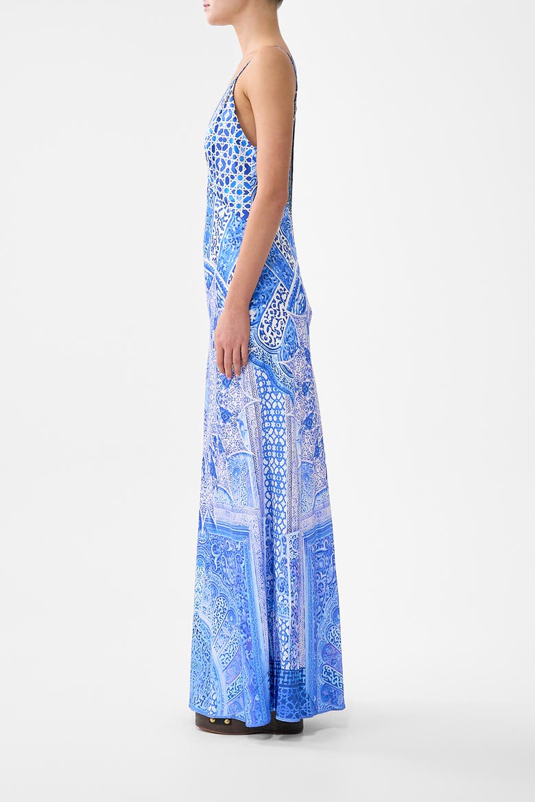 V-Neck Long Bias Slip Dress With Train, Alternate, color, The Bosphorous