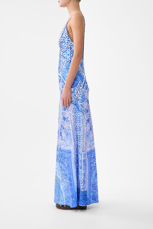 Camilla V-neck Long Bias Slip Dress With Train In Multi