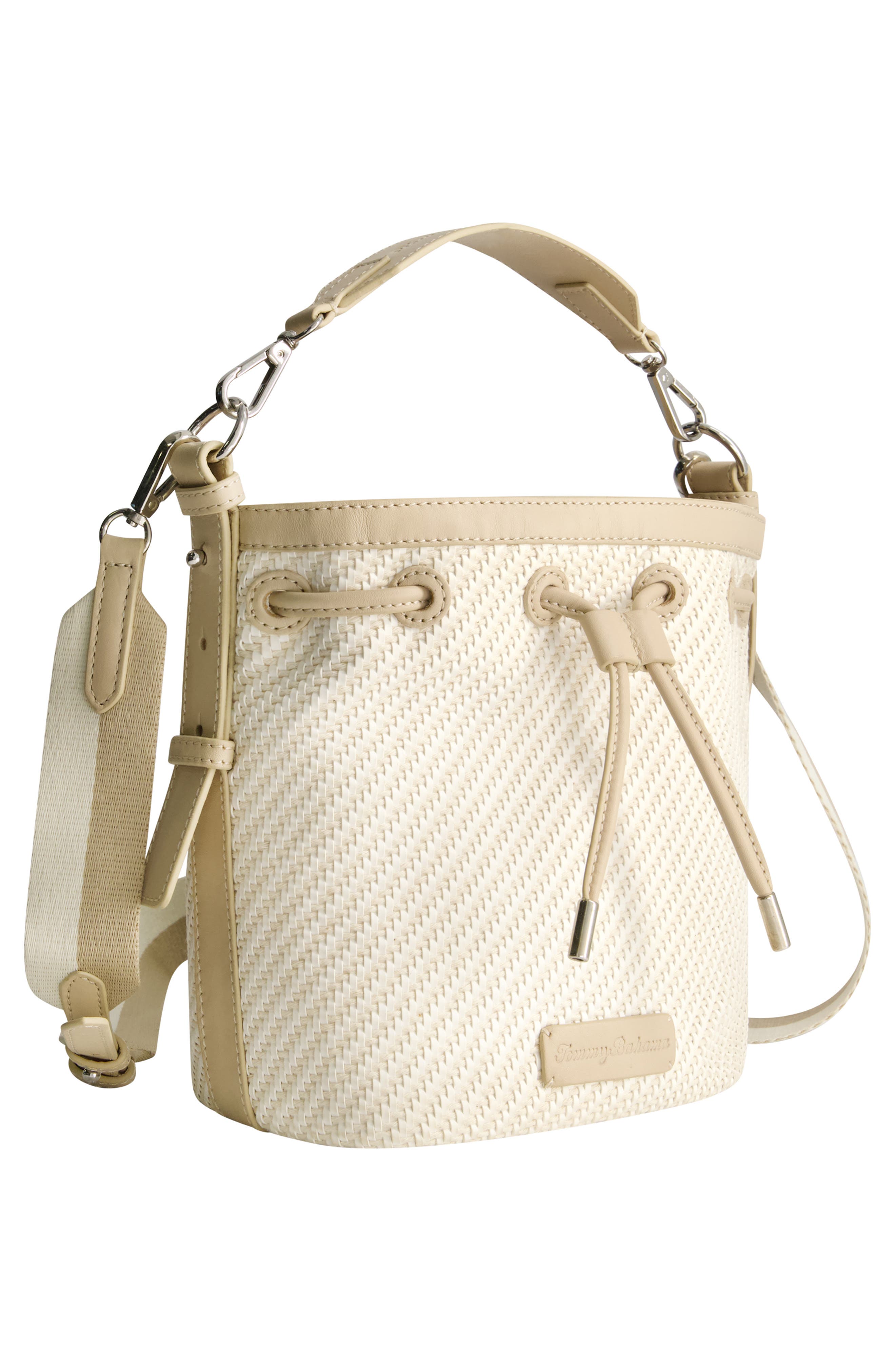 Soft Woven Drawstring Bucket Bag, Alternate, color, TAN/ WHITE