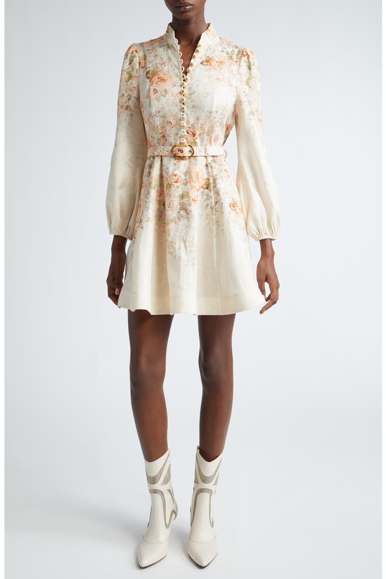 Illustration Floral Long Sleeve Belted Linen Minidress, Main, color, CREAM ROCOCO FLORAL