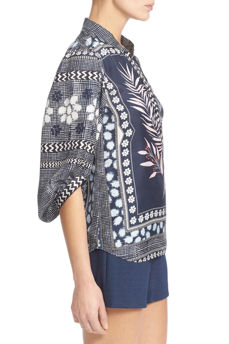 'Chrystie' Print Silk Top, Alternate, color, LEAF PLACEMENT INDIGO