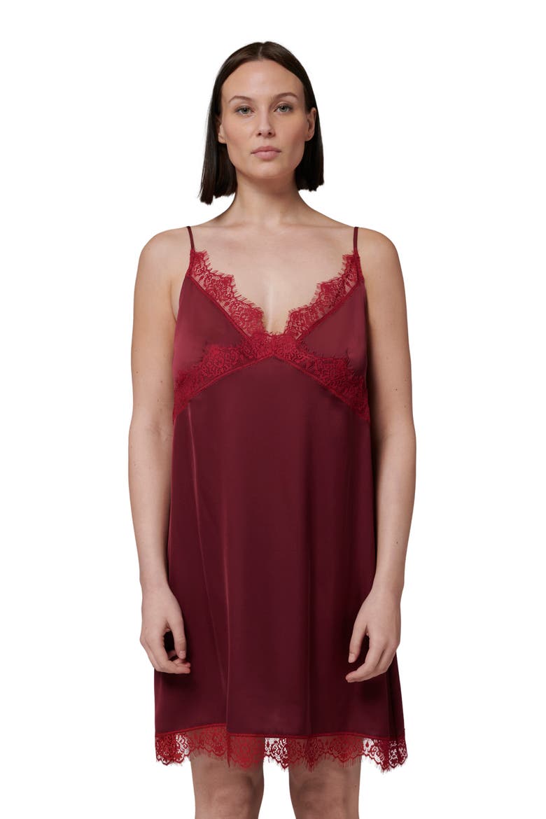 Lace Trim Satin Chemise, Alternate, color, SPINEL RED